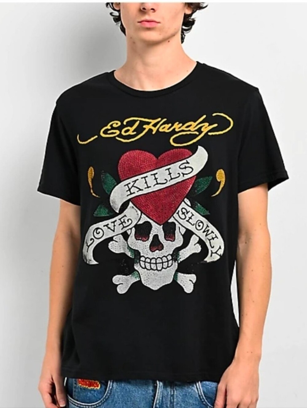 Ed Hardy Black Tee Dark Bikercore Gothic Festival Goth Heart & Skull Grunge Lg